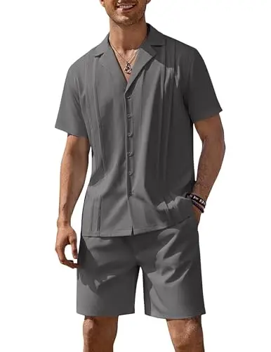 COOFANDY Mens 2 Piece Short Set Guayabera Button Down Shirt Casual Summer Beach Outfits 