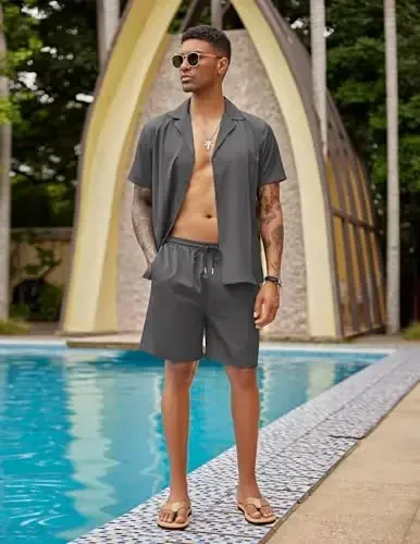 COOFANDY Mens 2 Piece Short Set Guayabera Button Down Shirt Casual Summer Beach Outfits - 4