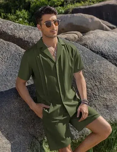 COOFANDY Mens 2 Piece Short Set Guayabera Button Down Shirt Casual Summer Beach Outfits - 3