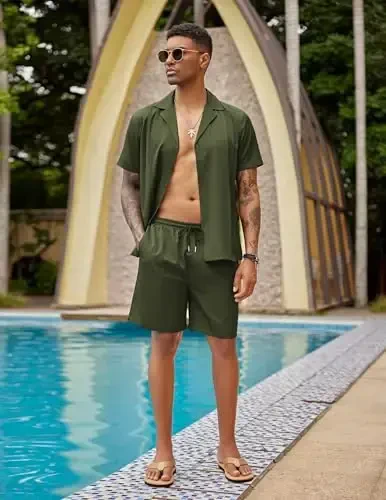 COOFANDY Mens 2 Piece Short Set Guayabera Button Down Shirt Casual Summer Beach Outfits - 4