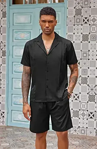 COOFANDY Mens 2 Piece Short Set Guayabera Button Down Shirt Casual Summer Beach Outfits - 3