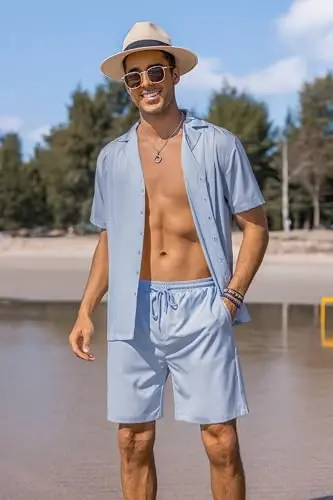 COOFANDY Mens 2 Piece Short Set Guayabera Button Down Shirt Casual Summer Beach Outfits - 3