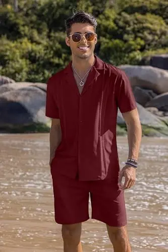COOFANDY Mens 2 Piece Short Set Guayabera Button Down Shirt Casual Summer Beach Outfits - COOFANDY (1)