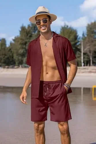 COOFANDY Mens 2 Piece Short Set Guayabera Button Down Shirt Casual Summer Beach Outfits - 3