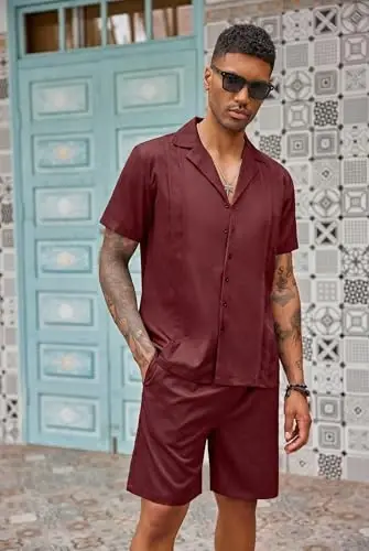 COOFANDY Mens 2 Piece Short Set Guayabera Button Down Shirt Casual Summer Beach Outfits - 4