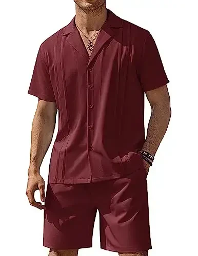 COOFANDY Mens 2 Piece Short Set Guayabera Button Down Shirt Casual Summer Beach Outfits 
