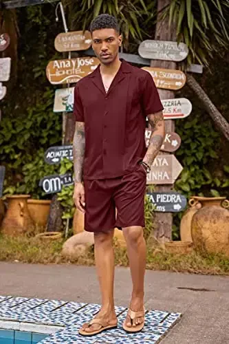 COOFANDY Mens 2 Piece Short Set Guayabera Button Down Shirt Casual Summer Beach Outfits - 4