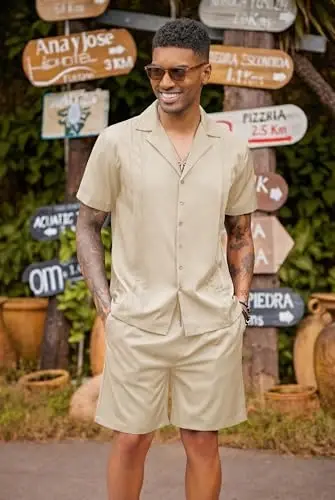 COOFANDY Mens 2 Piece Short Set Guayabera Button Down Shirt Casual Summer Beach Outfits - 5
