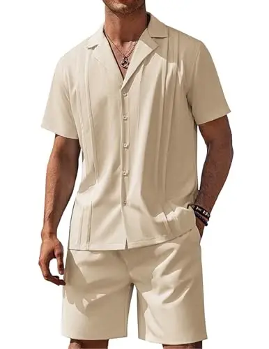 COOFANDY Mens 2 Piece Short Set Guayabera Button Down Shirt Casual Summer Beach Outfits 