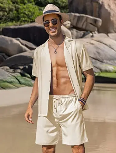 COOFANDY Mens 2 Piece Short Set Guayabera Button Down Shirt Casual Summer Beach Outfits - 2