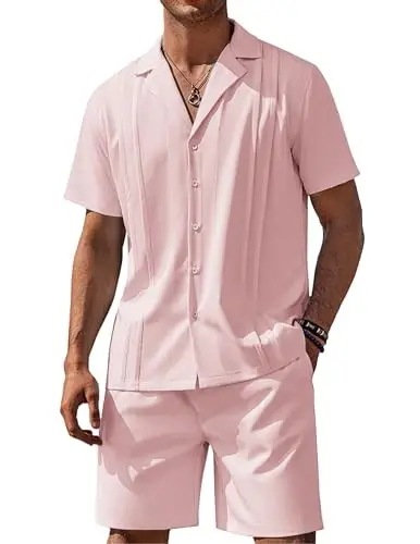 COOFANDY Mens 2 Piece Short Set Guayabera Button Down Shirt Casual Summer Beach Outfits 