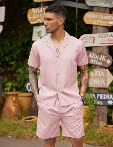 COOFANDY Mens 2 Piece Short Set Guayabera Button Down Shirt Casual Summer Beach Outfits - 2