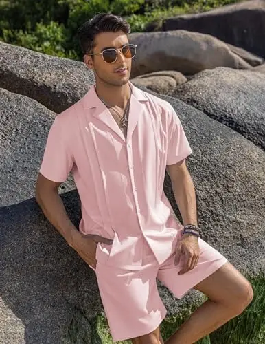 COOFANDY Mens 2 Piece Short Set Guayabera Button Down Shirt Casual Summer Beach Outfits - 3
