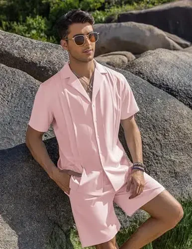 COOFANDY Mens 2 Piece Short Set Guayabera Button Down Shirt Casual Summer Beach Outfits - 3