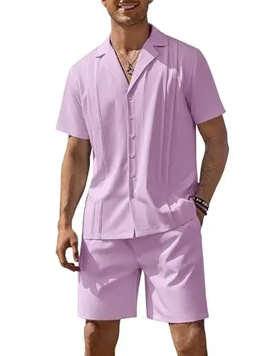 COOFANDY Mens 2 Piece Short Set Guayabera Button Down Shirt Casual Summer Beach Outfits - 1