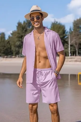 COOFANDY Mens 2 Piece Short Set Guayabera Button Down Shirt Casual Summer Beach Outfits - 3