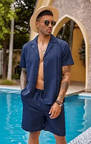 COOFANDY Mens 2 Piece Short Set Guayabera Button Down Shirt Casual Summer Beach Outfits - 2