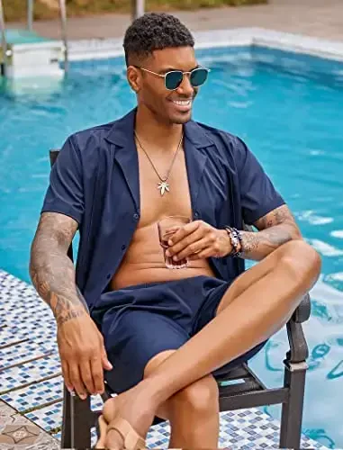 COOFANDY Mens 2 Piece Short Set Guayabera Button Down Shirt Casual Summer Beach Outfits - 4