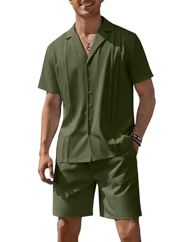 COOFANDY Mens 2 Piece Short Set Guayabera Button Down Shirt Casual Summer Beach Outfits 