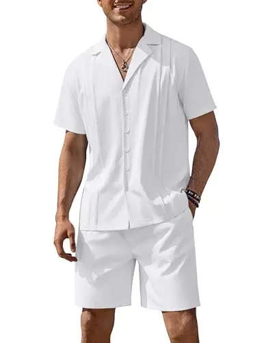 COOFANDY Mens 2 Piece Short Set Guayabera Button Down Shirt Casual Summer Beach Outfits 