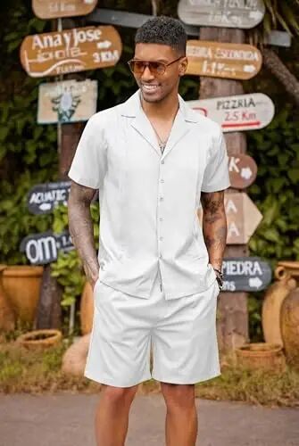 COOFANDY Mens 2 Piece Short Set Guayabera Button Down Shirt Casual Summer Beach Outfits 