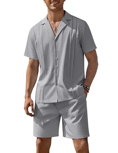 COOFANDY Mens 2 Piece Short Set Guayabera Button Down Shirt Casual Summer Beach Outfits - COOFANDY