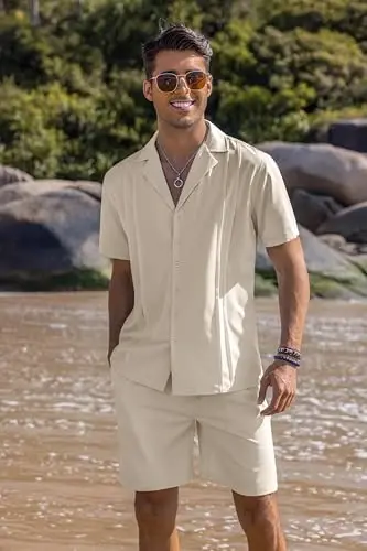 COOFANDY Mens 2 Piece Short Set Guayabera Button Down Shirt Casual Summer Beach Outfits - 2