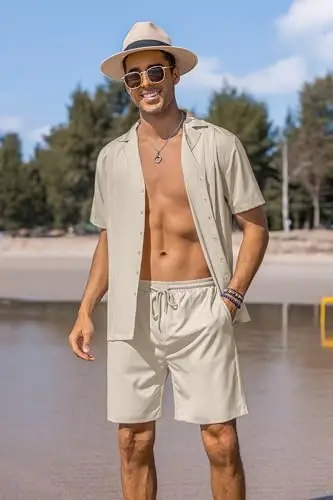 COOFANDY Mens 2 Piece Short Set Guayabera Button Down Shirt Casual Summer Beach Outfits - 3