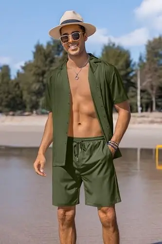 COOFANDY Mens 2 Piece Short Set Guayabera Button Down Shirt Casual Summer Beach Outfits - 3