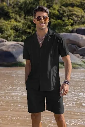 COOFANDY Mens 2 Piece Short Set Guayabera Button Down Shirt Casual Summer Beach Outfits - COOFANDY (1)