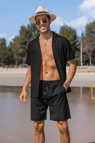 COOFANDY Mens 2 Piece Short Set Guayabera Button Down Shirt Casual Summer Beach Outfits - 3