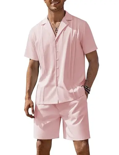 COOFANDY Mens 2 Piece Short Set Guayabera Button Down Shirt Casual Summer Beach Outfits - COOFANDY