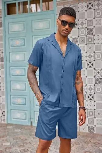COOFANDY Mens 2 Piece Short Set Guayabera Button Down Shirt Casual Summer Beach Outfits - 6
