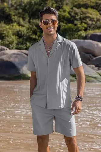 COOFANDY Mens 2 Piece Short Set Guayabera Button Down Shirt Casual Summer Beach Outfits - 2