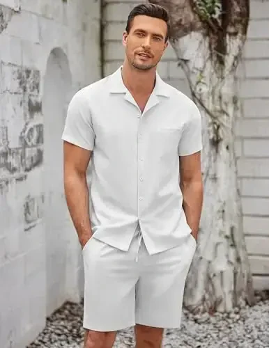 COOFANDY Men's 2 Pieces Casual Beach Outfits Short Sleeve Button Down Shirts Summer Short Set - 2