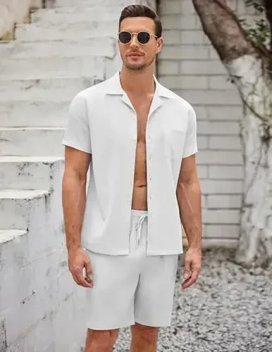 COOFANDY Men's 2 Pieces Casual Beach Outfits Short Sleeve Button Down Shirts Summer Short Set - 3