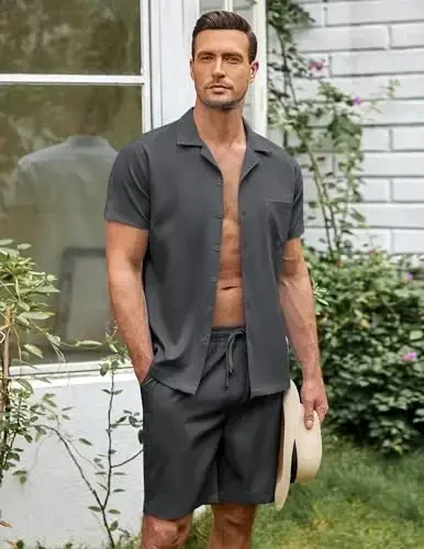 COOFANDY Men's 2 Pieces Casual Beach Outfits Short Sleeve Button Down Shirts Summer Short Set - MODAZONE (1)