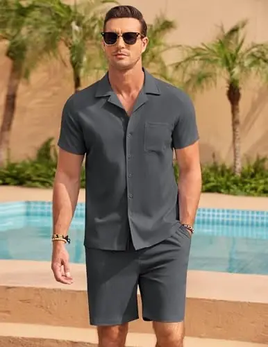 COOFANDY Men's 2 Pieces Casual Beach Outfits Short Sleeve Button Down Shirts Summer Short Set - 3