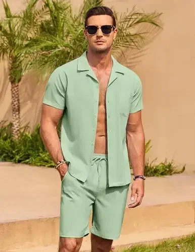 COOFANDY Men's 2 Pieces Casual Beach Outfits Short Sleeve Button Down Shirts Summer Short Set - 4