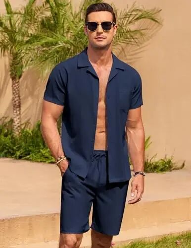 COOFANDY Men's 2 Pieces Casual Beach Outfits Short Sleeve Button Down Shirts Summer Short Set - 3