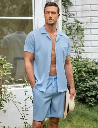 COOFANDY Men's 2 Pieces Casual Beach Outfits Short Sleeve Button Down Shirts Summer Short Set - COOFANDY (1)