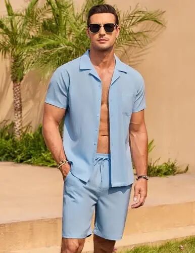 COOFANDY Men's 2 Pieces Casual Beach Outfits Short Sleeve Button Down Shirts Summer Short Set - 4