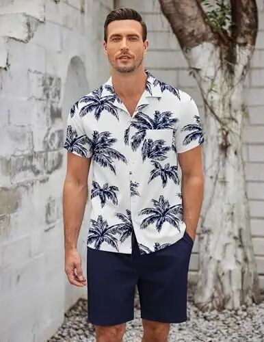 COOFANDY Men's 2 Pieces Casual Beach Outfits Short Sleeve Button Down Shirts Summer Short Set - 4