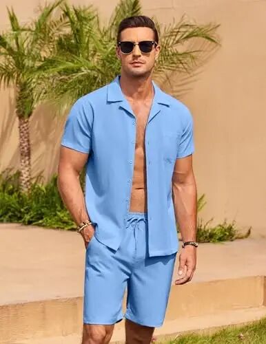 COOFANDY Men's 2 Pieces Casual Beach Outfits Short Sleeve Button Down Shirts Summer Short Set - 2