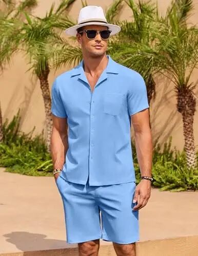 COOFANDY Men's 2 Pieces Casual Beach Outfits Short Sleeve Button Down Shirts Summer Short Set - 3