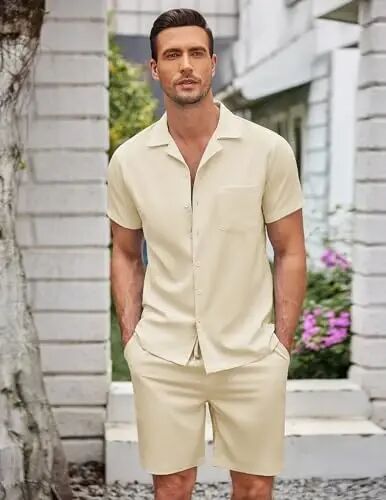 COOFANDY Men's 2 Pieces Casual Beach Outfits Short Sleeve Button Down Shirts Summer Short Set - 2
