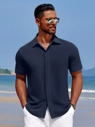 COOFANDY Mens Beach Shirt Short Sleeve Tugmalar Pastga Ko'ylaklar Kundalik Kuba Yoqali Yozgi Ta'til Tropik Ko'ylaklar - 4