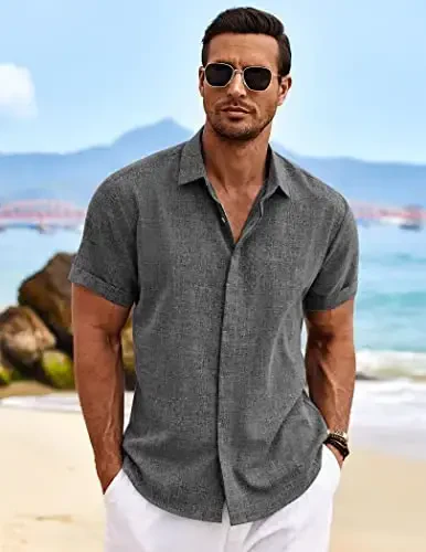 COOFANDY Mens Button Down Shirts Short Sleeve Casual Summer Beach Shirts for Men Vacation Wedding Linen Shirt - COOFANDY