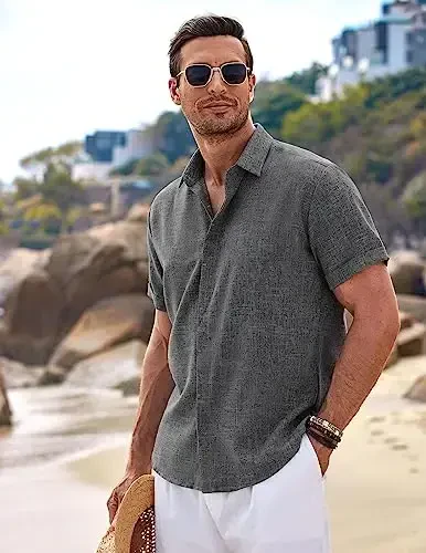 COOFANDY Mens Button Down Shirts Short Sleeve Casual Summer Beach Shirts for Men Vacation Wedding Linen Shirt - 3
