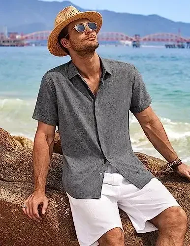 COOFANDY Mens Button Down Shirts Short Sleeve Casual Summer Beach Shirts for Men Vacation Wedding Linen Shirt - 4